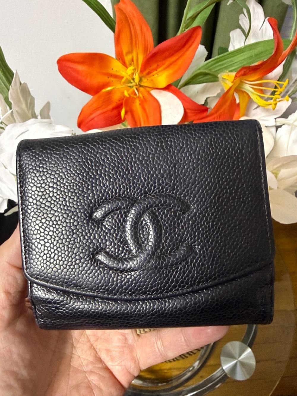 CHANEL Black Caviar Leather Compact Wallet with Embossed CC